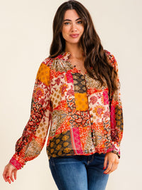 ENTRO WOMEN'S LONG SLEEVE V-NECK BUTTON UP MULTI PRINT BLOUSE