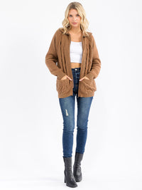 WOMEN'S LONG SLEEVE ZIPPER CLOSURE FRONT POCKETS CABLE KNIT SWEATER
