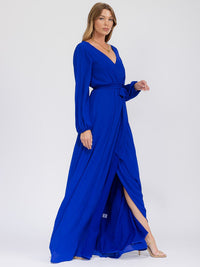 WOMEN'S LONG SLEEVE SURPLICE SELF TIE OPEN BACK MAXI GOWN DRESS