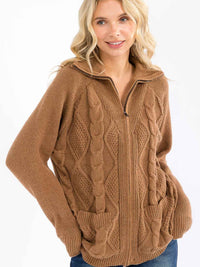 WOMEN'S LONG SLEEVE ZIPPER CLOSURE FRONT POCKETS CABLE KNIT SWEATER