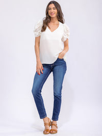 WOMEN'S SHORT PUFF SLEEVE V-NECK BLOUSE