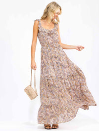 WOMEN'S SLEEVELESS ELASTIC WAIST TIERED ANIMAL PRINT MAXI DRESS