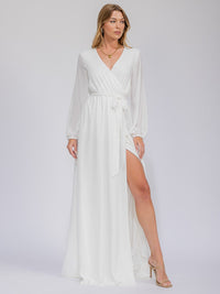 WOMEN'S LONG SLEEVE SURPLICE SELF TIE OPEN BACK MAXI GOWN DRESS