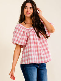 ENTRO WOMEN'S SHORT PUFF SLEEVE SQUARE NECK PLAID BLOUSE