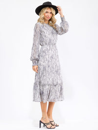 WOMEN'S LONG SLEEVE ELASTIC WAIST SNAKE PRINT MIDI DRESS