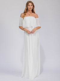 WOMEN'S SHORT SLEEVE OFF SHOULDER ELASTIC WAIST MAXI GOWN DRESS