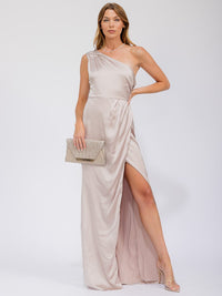 WOMEN'S SLEEVELESS ONE SHOULDER SURPLICE FRONT SLIT MAXI GOWN DRESS