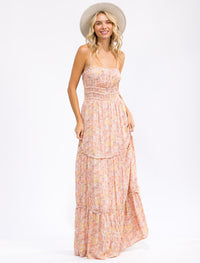 WOMEN'S SLEEVELESS ELASTIC WAIST FLORAL TIERED MAXI DRESS