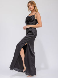 WOMEN'S SLEEVELESS COWL NECK SIDE SLIT MAXI GOWN DRESS