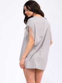WOMEN'S FRINGE STUDS SLEEVE HIGH-LOW GRAPHIC TOP