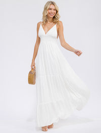 WOMEN'S SLEEVELESS V-NECK SMOCK OPEN BACK TIERED MAXI DRESS