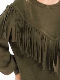 WOMEN'S LONG SLEEVE FRINGE DETAILED PULLOVER SWEATER