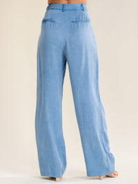 WOMEN'S BUTTON CLOSURE WIDE LEG CHAMBRAY PANTS