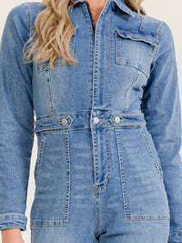 WOMEN'S LONG SLEEVE BUTTON UP POCKETS WASHED STRETCH DENIM SKINNY LEG JUMPSUIT
