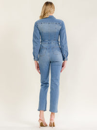 WOMEN'S LONG SLEEVE BUTTON UP POCKETS WASHED STRETCH DENIM SKINNY LEG JUMPSUIT