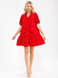 WOMEN'S SHORT SLEEVE V-NECK PEARL DETAILED TIERED CORDUROY MINI DRESS