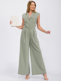 WOMEN'S SLEEVELESS BUTTON UP POCKETS WIDE LEG JUMPSUIT