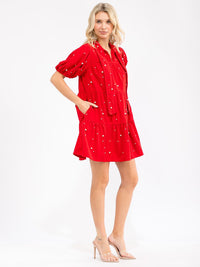 WOMEN'S SHORT SLEEVE V-NECK PEARL DETAILED TIERED CORDUROY MINI DRESS
