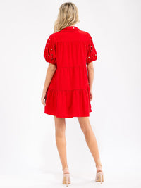 WOMEN'S SHORT SLEEVE V-NECK PEARL DETAILED TIERED CORDUROY MINI DRESS