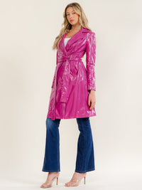 WOMEN'S LONG SLEEVE ZIPPER CLOSURE FRONT POCKETS SELF TIE PU LEATHER COAT