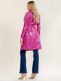 WOMEN'S LONG SLEEVE ZIPPER CLOSURE FRONT POCKETS SELF TIE PU LEATHER COAT