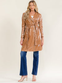 WOMEN'S LONG SLEEVE ZIPPER CLOSURE FRONT POCKETS SELF TIE PU LEATHER COAT