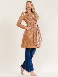 WOMEN'S LONG SLEEVE ZIPPER CLOSURE FRONT POCKETS SELF TIE PU LEATHER COAT