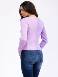WOMEN'S LONG SLEEVE V-NECK BUTTON UP COLORBLOCK RIBBED TOP