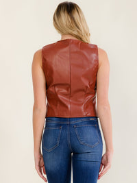 WOMEN'S SLEEVELESS V-NECK FRONT POCKETS BUTTON UP PU PLEATHER TOP