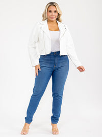 PLUS SIZE LONG SLEEVE ZIPPER CLOSURE PLEATHER JACKET