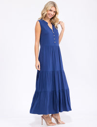 WOMEN'S SLEEVELESS V-NECK BUTTON UP TIERED MAXI DRESS