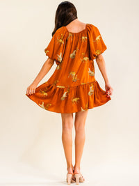 ENTRO WOMEN'S SHORT PUFF SLEEVE FRONT POCKETS ANIMAL PRINT MINI DRESS
