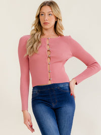 WOMEN'S LONG SLEEVE BUTTON UP RIBBED TOP