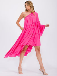 WOMEN'S ONE SHOLDER LONG SLEEVE POCKETS TIERED HIGH-LOW MIDI DRESS