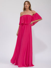 WOMEN'S SHORT SLEEVE OFF SHOULDER ELASTIC WAIST MAXI GOWN DRESS