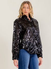 WOMEN'S LONG SLEEVE BUTTON UP SEQUINS TOP