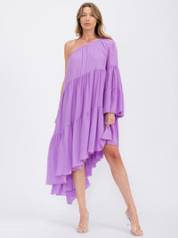 WOMEN'S ONE SHOLDER LONG SLEEVE POCKETS TIERED HIGH-LOW MIDI DRESS
