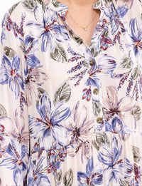 WOMEN'S LONG SLEEVE V-NECK BUTTON UP FLORAL TIERED MIDI DRESS
