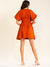 ENTRO WOMEN'S SHORT PUFF SLEEVE BUTTON UP SELF TIE MINI DRESS