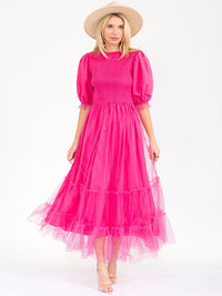 WOMEN'S SHORT PUFF SLEEVE SMOCK SWISS DETAILED MAXI DRESS
