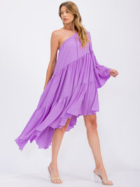 WOMEN'S ONE SHOLDER LONG SLEEVE POCKETS TIERED HIGH-LOW MIDI DRESS