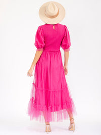 WOMEN'S SHORT PUFF SLEEVE SMOCK SWISS DETAILED MAXI DRESS