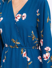 WOMEN'S LONG SLEEVE SURPLICE ELASTIC WAIST HIGH-LOW FLORAL MAXI DRESS