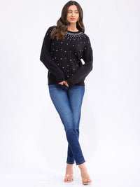 WOMEN'S LONG SLEEVE STUDS DETAILED PULLOVER SWEATER
