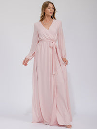 WOMEN'S LONG SLEEVE SURPLICE SELF TIE OPEN BACK MAXI GOWN DRESS
