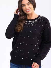 WOMEN'S LONG SLEEVE STUDS DETAILED PULLOVER SWEATER