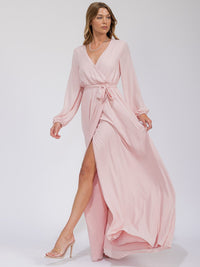 WOMEN'S LONG SLEEVE SURPLICE SELF TIE OPEN BACK MAXI GOWN DRESS