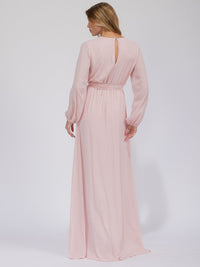 WOMEN'S LONG SLEEVE SURPLICE SELF TIE OPEN BACK MAXI GOWN DRESS