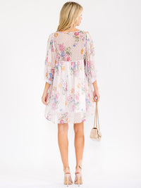 WOMEN'S SHORT SLEEVE V-NECK FLORAL SWISS LOOSE FIT MINI DRESS