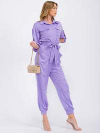 WOMEN'S 3/4 SLEEVES BUTTON UP POCKETS JOGGER JUMPSUIT